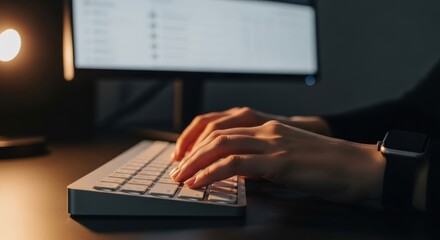 Hands typing keyboard computer office technology workspace dark monitor professional focus modern productivity working