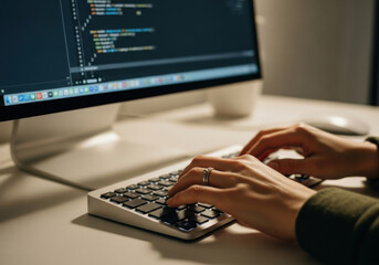 Hands typing on computer keyboard, programming code on monitor, software development, modern workspace