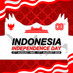 An elegant template design to commemorate Indonesia Independence Day, Indonesia's 80th Anniversary 2025. with batik motifs and the silhouette of the Nusantara IKN Building.