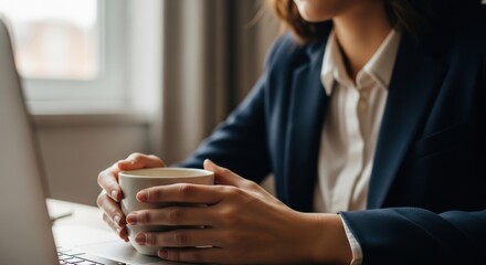 Businesswoman suit coffee office laptop morning professional workspace relaxed focus window female adult work cup table