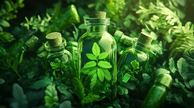 A magical forest scene with green plants and bottles, evoking the idea of potions, alchemy, and mystical creatures.