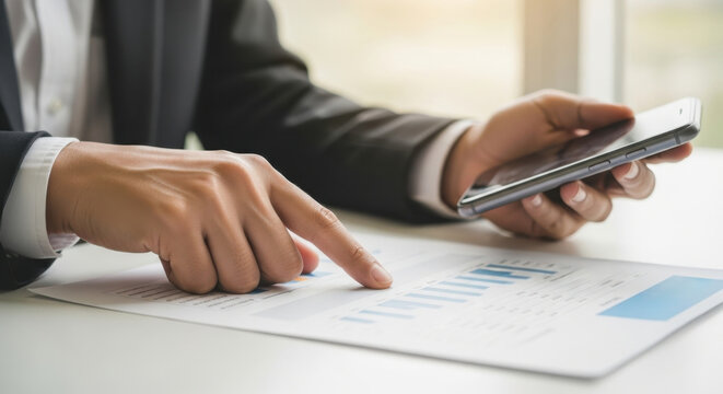 Businessman hand is holding smartphone and point to graph in office environment, analyzing financial data.