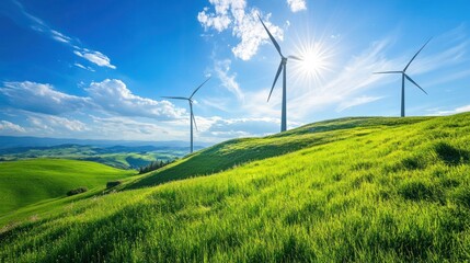 Wind Turbines on Green Hills – Clean Energy Landscape under Blue Sky
