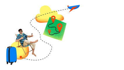 Modern digital artwork of relaxed tourist man in sunglasses using smartphone with route map and...