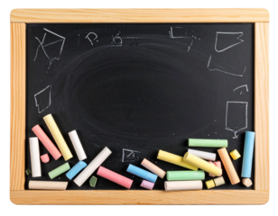  Chalk Drawings and Scribbles on Blackboard with Scattered Chalk Pieces, Top-Down Angle, Isolated PNG
