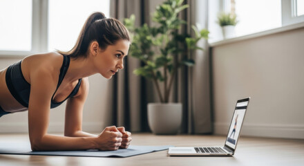 Young woman sportswear plank yoga mat home workout laptop online fitness focused bright room