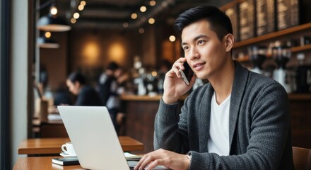 Young man laptop smartphone coffee shop casual working technology focused modern communication