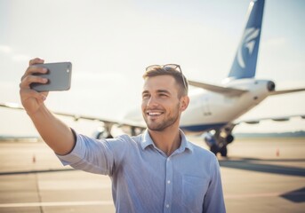 Young man airport airplane selfie travel happy outdoor summer casual adventure vacation journey smiling tourism runway modern