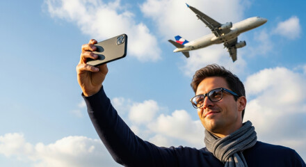 Young man wearing glasses and scarf taking selfie with smartphone, airplane flying overhead, blue sky, travel mood