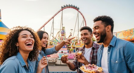 Group of friends laughing, enjoying sweet snacks at amusement park with roller coaster in background, cheerful mood