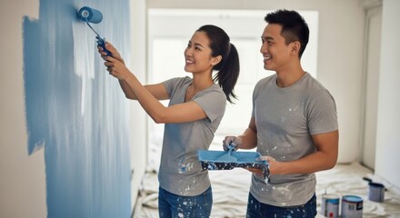 Couple painting wall blue home renovation teamwork happy casual together room improvement interior