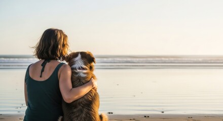 Woman dog beach sunset friendship relaxation nature peaceful