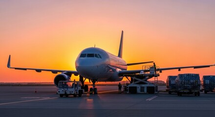 Airplane airport sunset cargo transportation travel logistics silhouette create vibrant scene of aircraft being loaded at dusk
