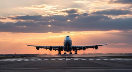 Airplane runway sunset travel aviation sky clouds silhouette landing journey transportation flight airport evening dramatic