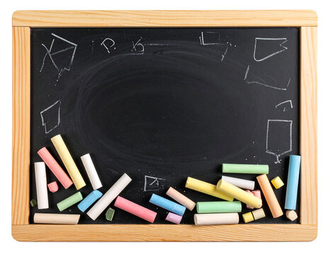  Chalk Drawings and Scribbles on Blackboard with Scattered Chalk Pieces, Top-Down Angle, Isolated PNG - Powered by Adobe