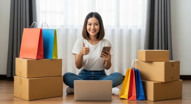 Young woman sitting on floor with shopping bags, cardboard boxes, laptop, and smartphone, smiling and showing thumbs up