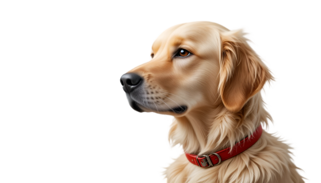 Golden retriever dog portrait profile on black background in studio with red collar pet animal 100mm lens against white transparent background