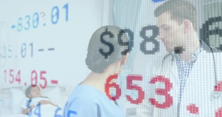 nurse entering hospital room, approaching doctor reviewing patient file as financial data updating - Powered by Adobe