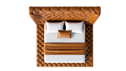 Top view of a woven rattan bed with white linens isolated on transparent background