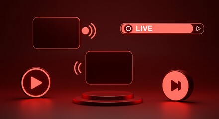 Futuristic Red Glow Live Streaming Interface with Play Buttons and Signal Icons