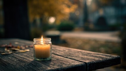 A lit candle in a jar sits on a rustic wooden table outdoors, surrounded by autumn leaves and a blurred background of trees