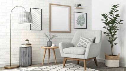 Modern reading nook with mid-century elements and a framed blank artwork under cozy lighting.
