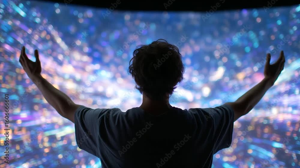 Poster a man rejoices in a high-tech studio surrounded by vibrant digital displays.