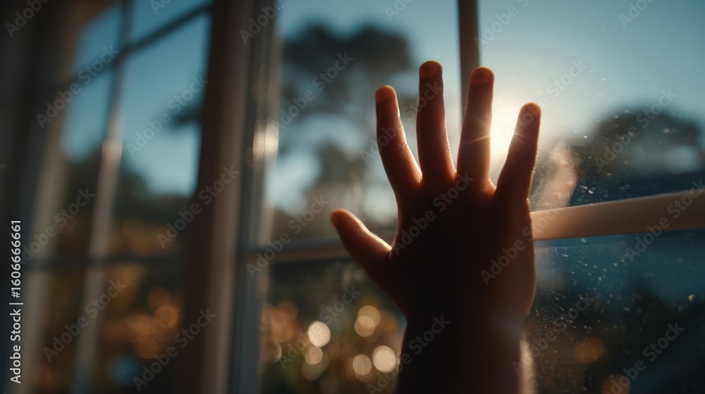 Poster a hand pressed against a window with sunlight filtering through, creating a warm, contemplative atmo