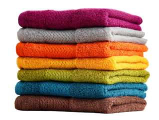 Colorful towels stacked neatly in a home bathroom setting. Isolated on transparent background, png.