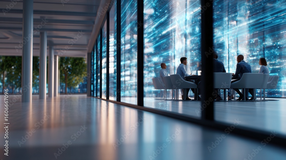 Poster business executives and managers working together in a modern office using computer holographic and 