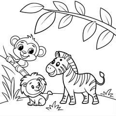 Group of Cute Jungle Animals | Black and White Cartoon Vector of Lion, Monkey, and Zebra for Coloring Book