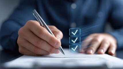 Professional businessman reviewing workspace checklist, marking details for quality control with precision in modern compliance corporate