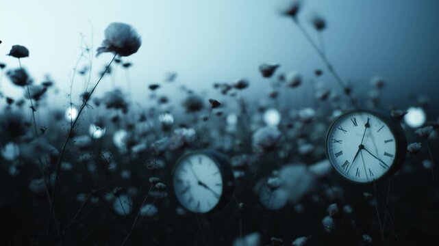 Mystical clocks hidden among a field of delicate flowers at twilight