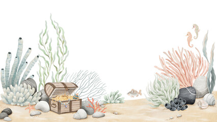 Seabed with plants, corals, treasure chest, seahorses, starfish and fish. Watercolor isolated illustration for your wallpaper design, mural, underwater background or cover with sea theme.