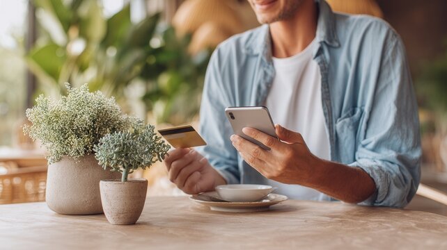 Hands gripping credit card, smartphone screen displaying shopping digital transaction during online secure experience - Powered by Adobe
