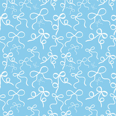 Seamless pattern with delicate white bows on blue background vector illustration. Cute wedding print.