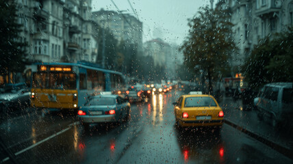 Fototapeta premium Rainy morning city street view captured through a blurred glass window