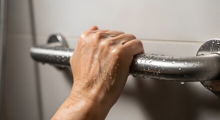 Elderly hand gripping a shower grab bar with droplets of water  