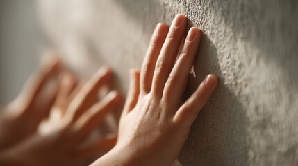 Two hands gently touching a textured wall, capturing a moment of tactile connection and sensory exploration.