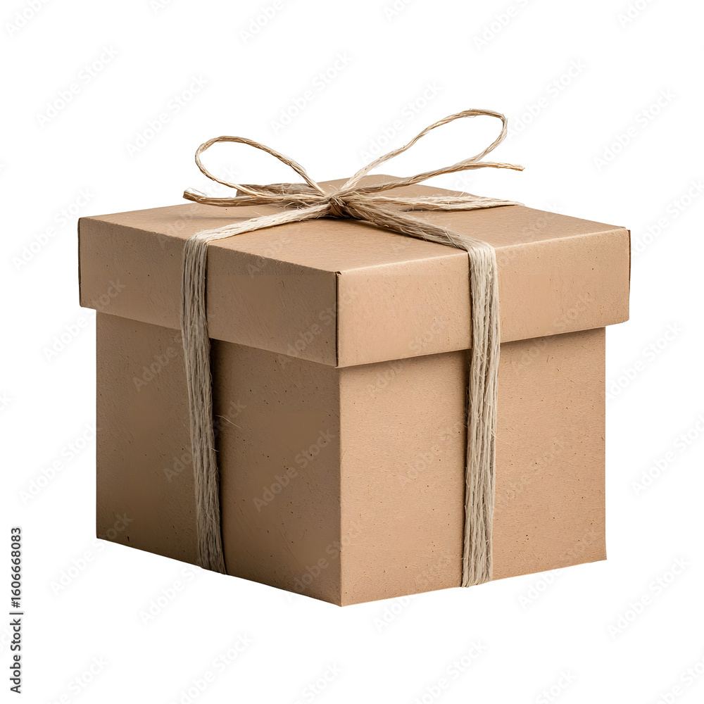 Poster a plain unbranded cardboard box with twine tied around it isolated on a clean white studio backgroun