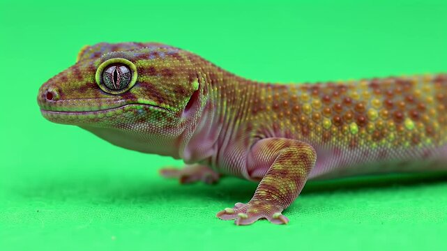 Detailed Portrait of a Speckled Gecko with Prominent Eyes Against a Vibrant Green Background, Showcasing its Unique Skin Patterns and Reptilian Fea...