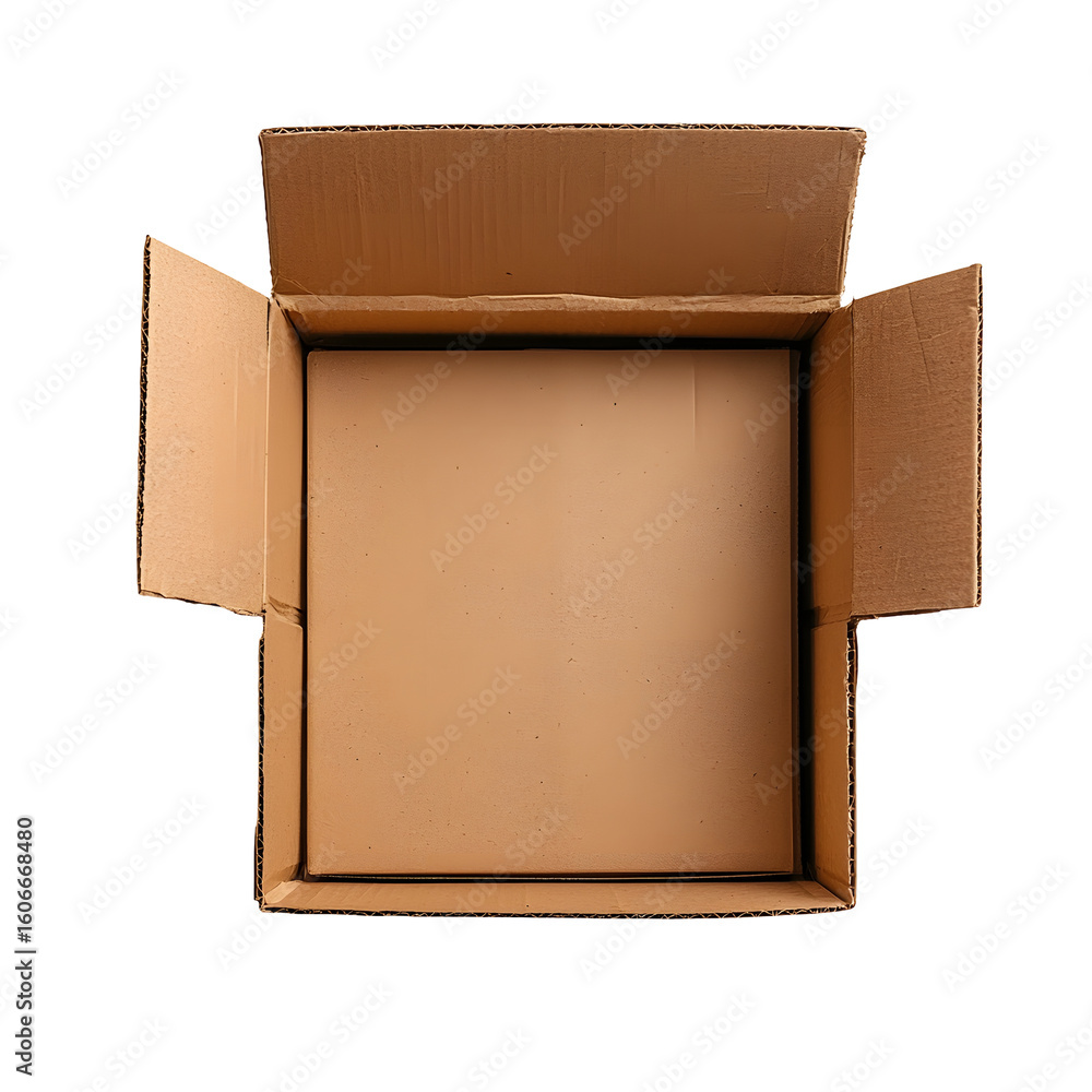 Poster photograph of an open empty cardboard shipping box mockup isolated on a simple white background for 