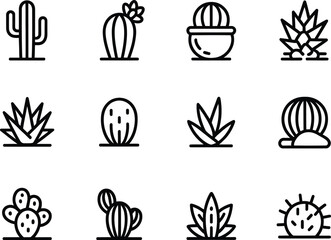 Collection of simple cactus and succulent icons in outline style