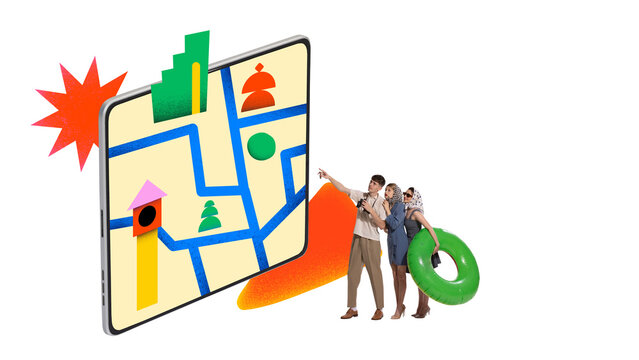 Collage of three tourists pointing at large digital map with stylized buildings and abstract shapes. Concept of travel platforms, trip planning apps, digital agency content, city guides.