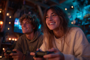 Teenage friends enjoy gaming together in a cozy, dimly lit room