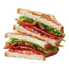 A close up view of a blt sandwich with bacon lettuce and tomato on toasted bread slices on transparent background