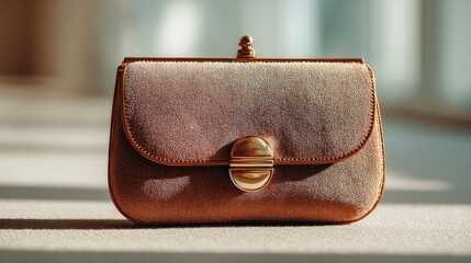 A stylish metallic bronze clutch purse with a gold clasp is displayed on a soft surface, highlighting its textured material and elegant design.