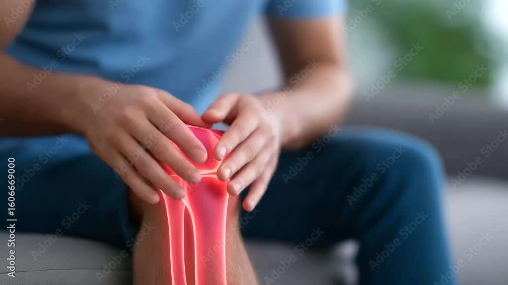 Poster close-up of a knee with highlighted skeletal structure showing inflammation.