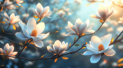 White magnolia cobus blossom flowers spring blue sky
