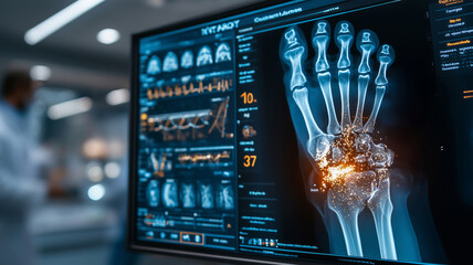 A medical professional studies an X-ray of a broken leg in an advanced healthcare setting. Bright lights illuminate displays showcasing detailed fractures for diagnosis and treatment planning.